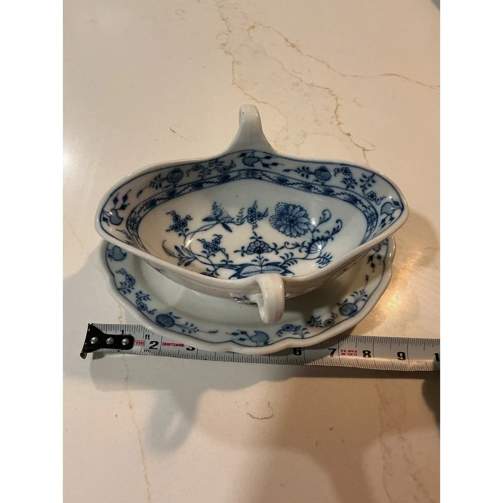 Vintage Blue Onion Porcelain Gravy Boat Attached Underplate Double Handle 9 inch